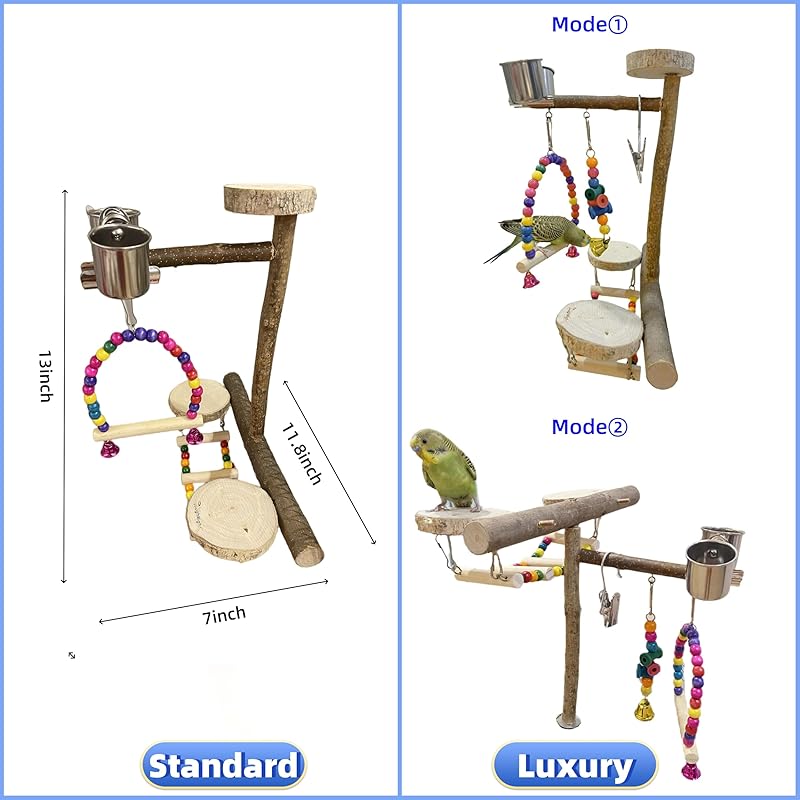 Natural Wood Bird Perch Playground for Outside the Cage Wall, Bird Platform and Play Area for Small to Medium Parrots like Cockatiels, Conures, Parrotlets, Lovebirds, and Budgies, Bird Cage Accessory