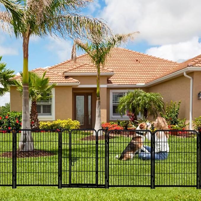 ADAVIN Tall Garden Fence 54 in(H)_22.1 Ft(L),10 Panels Dog Fence Outdoor for Yard, Heavy Duty Iron Metal Fence with Gate Low Threshold, No Dig Fence Panels, Animal Barrier Fence, Black