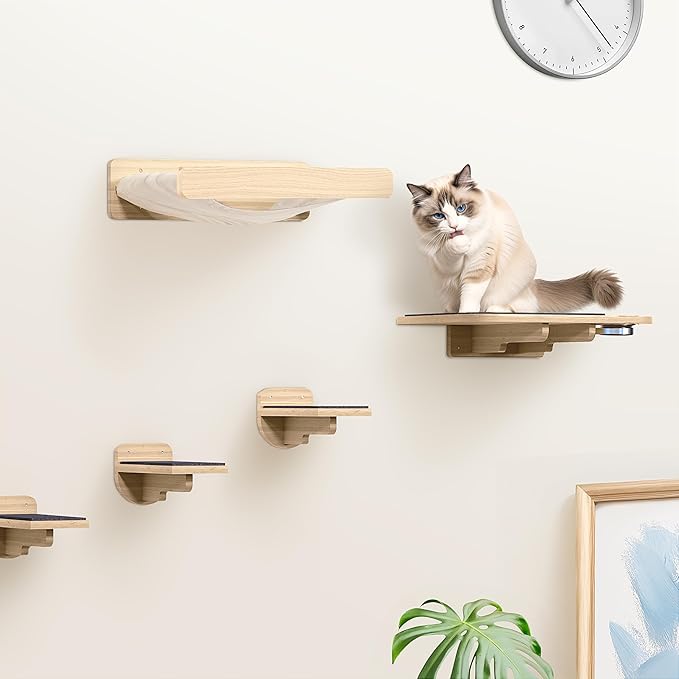 Space-Saving Cat Wall Shelves – Interactive Cat Wall Climber with Hammock & Dog Proof Feeding Station for All Indoor Breeds – Solid Natural Wood with Gray Carpet