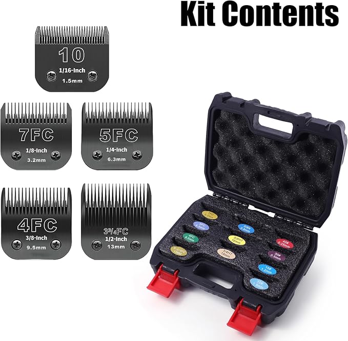 5 Pack Detachable Dog Grooming Steel Blades with Blade case Holder,Compatible with Andis,Oster A5,Wahl KM-10 Series,Cutting Length 1/16" to 1/2"(10+7FC+5FC+4FC+3-3/4FC-black)