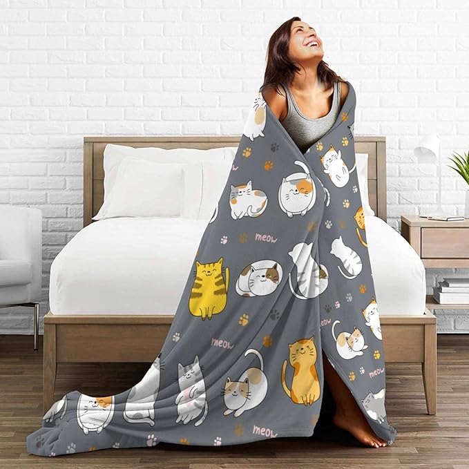 Cat Pattern Throw Blanket Gifts for Men Women Boys Girls Kid Soft Warm Flannel Fleece Blankets for Bed, Sofa, Couch, Travel, Camping 50x40 Inches