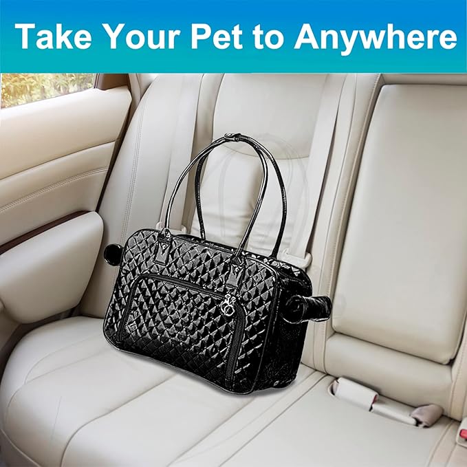 Fashion Dog Purse Carrier for Small Dogs with 2 Extra Pockets, Holds Up to 8lbs Quality PU Leather Pet Carrier, Cat Carrier, Airline Approved Puppy Purse Carrier for Travel (Black, Small Size)