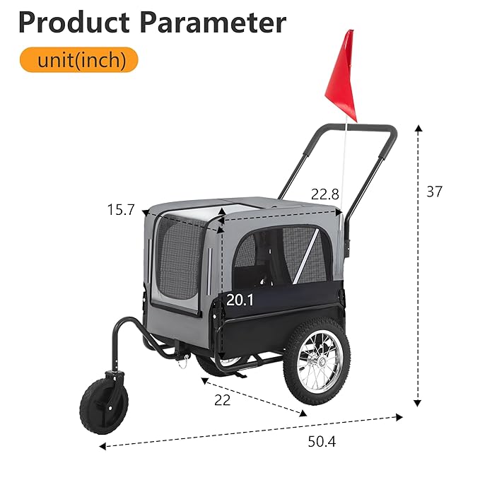 FDW Dog Stroller 2-in1 Dog Bike Trailer Pet Stroller Bicycle Carrier with Hitch Suspension Visibility Flag & Reflectors for Small Medium & Large Dogs, Gray