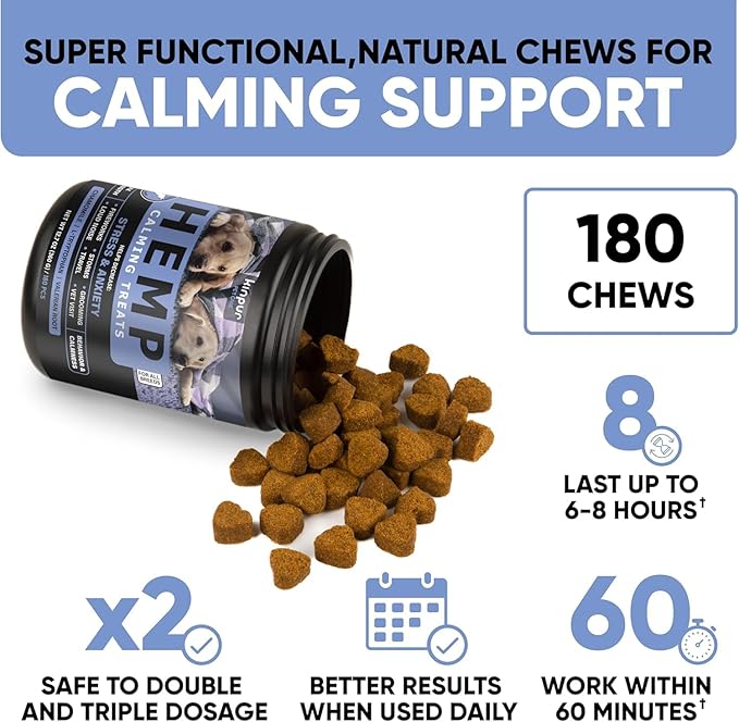 Kinpur Pet Care Relaxing Dog Calming Chews with Hemp Oil, Valerian Root, and Vitamin B - Natural Stress and Anxiety Relief for Dogs - 180 Beef-Flavored Calming Treats for All Breeds