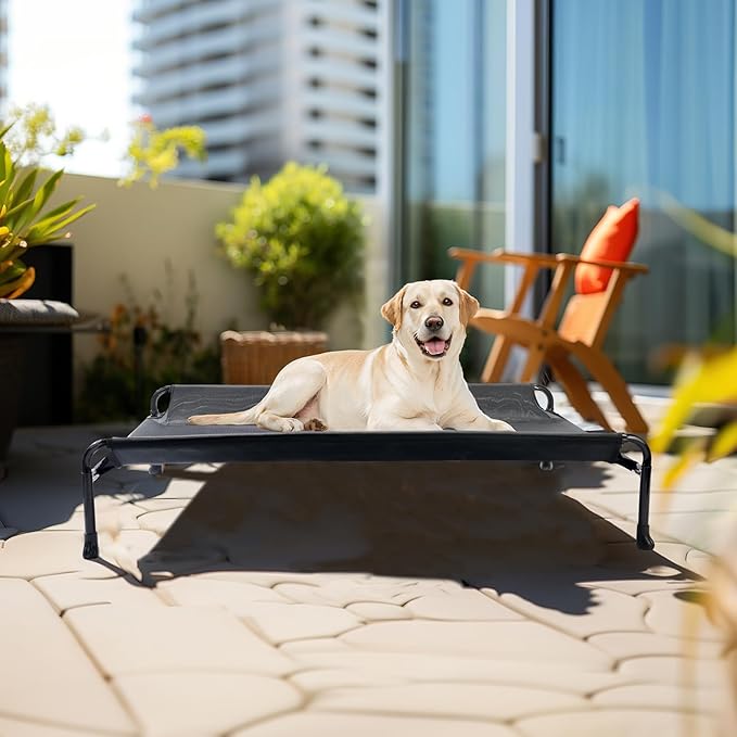 Veehoo Cooling Elevated Dog Bed, Raised Dog Beds for Large Dogs, Outdoor Dog Bed with Guardrail, Upgraded Non-Slip Feet, Breathable Teslin Mesh, Portable Camping Dog Cot, 41 x 27 Inches, Black