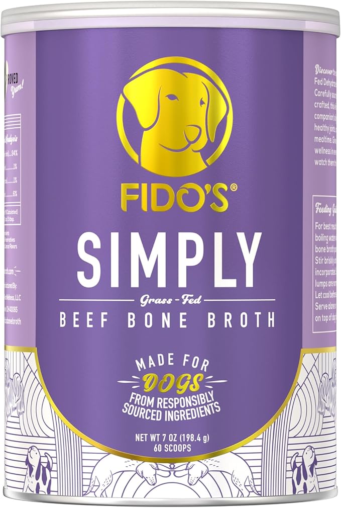 Fido's Grass-Fed Beef Bone Broth for Dogs 7oz with 94% Protein - Picky Eaters Human Grade Bone Broth Powder for Dogs - Made in USA - No Preservatives - Supports Joints + Gut Health - 60 Scoops