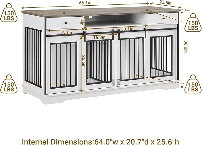 Rovibek 66" Double Dog Crate Furniture, Large Dog Kennel Furniture TV Stand for 2 Dogs, Furniture Style Dog Crates End Table, Wood Crates for Dogs White