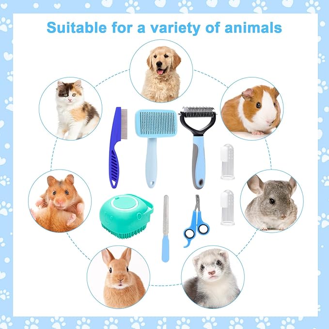 VCZONE 8 Pcs Dog Brush Grooming Kits, Includes Pet Nail Clipper and File, Flea Comb, Pet Shampoo Bath Brush, Pet Shedding Brush, Pet Dematting Comb, Silicone Toothbrush (Blue)