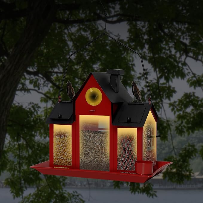 Solar Bird Feeders House for Outdoors Hanging, 7LBS Large Capacity Metal Wild Bird Feeder Squirrel Proof for Outside with Water Cup, Cardinal Birdfeeder Birdhouses Gift for Bird Lovers (Red)