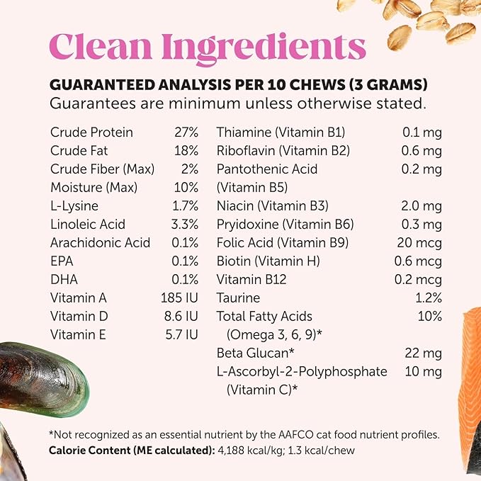 Cat Multivitamin Crunchy & Creamy Chews - Cat Treats for Health + Immune, Joint Support, Skin & Coat, & Digestion - Vitamins with Omega 3s, Lysine & Probiotics (30 Day Supply)