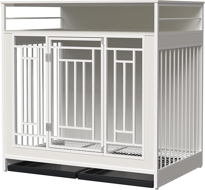 43.3 Inch Wooden Dog Crate Furniture for Large Dogs with Storage Drawers,Heavy Duty Double Door Pet Kennel with Divider,Decorative Dog House for Living Room,Bedroom,White