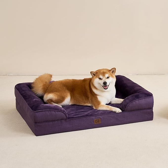 EHEYCIGA Orthopedic Dog Beds for Extra Large Dogs, Waterproof Memory Foam XXL Dog Bed with Sides, Non-Slip Bottom and Egg-Crate Foam Big Dog Couch Bed with Washable Removable Cover, Purple