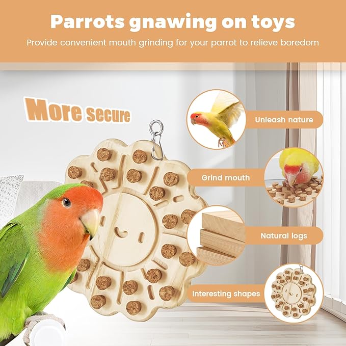 Bird Chew Toy – Wooden Foraging Puzzle Toy with Cork Stoppers, Hanging Bird Cage Toy for Parrots, Conures, Budgies, Cockatiels, Macaws, Finches, and Small to Medium Birds(Pizza)