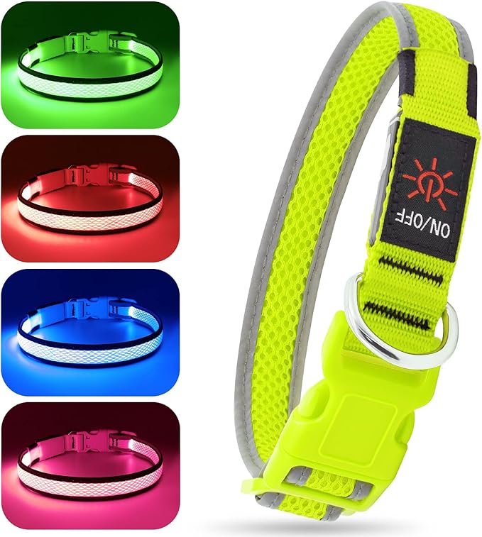 BSEEN LED Dog Collar Light- USB Rechargeable Light Up Dog Collars, Adjustable Mesh Reflective Puppy Collars for Night Dog Walking (Neon Green- Small- Collar)