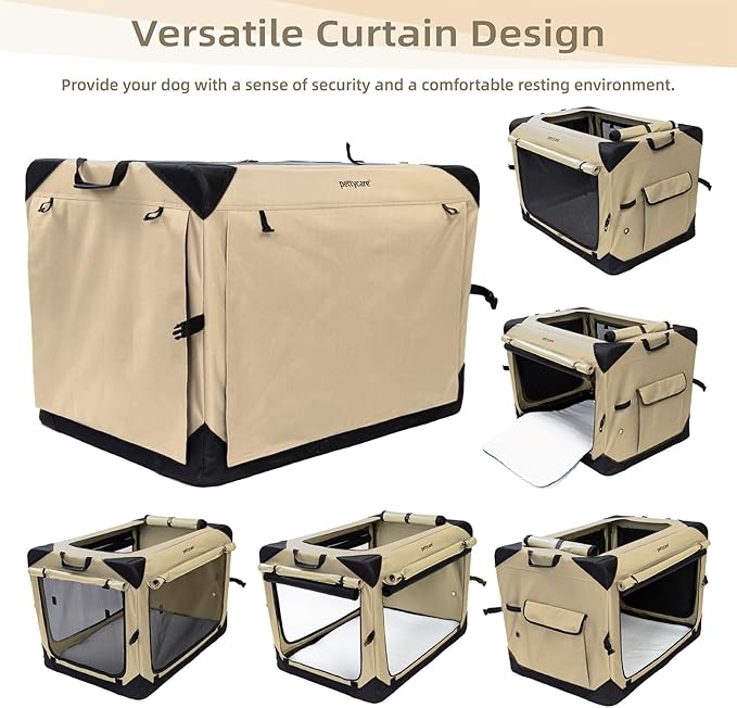 Pettycare 36 Inch Collapsible Dog Crate with Curtains Travel Dog Crate for Airflow and Calm Soft Pet Kennel with Portable Bag and More Chew Proof Mesh Indoor & Outdoor Beige 4 Door Curtains