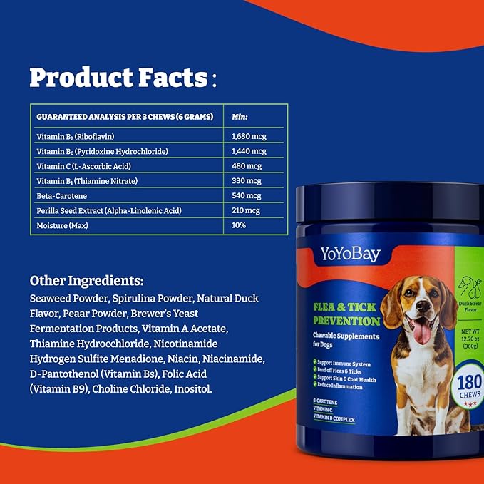 Flea and Tick Prevention for Dogs Chewable - 180 Soft Chews, Duck & Pear Flavor - Dog Flea and Tick Treatment Chewable, Natural Defense- Dog Immune Support Supplement