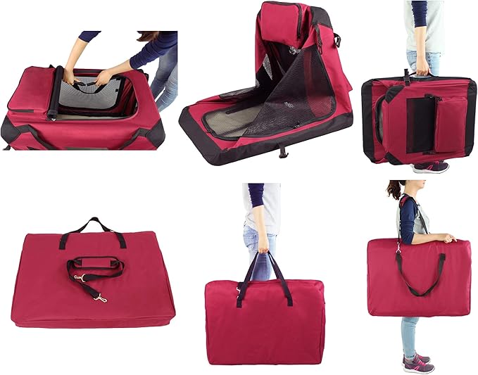 EliteField 3-Door Folding Soft Dog Crate with Carrying Bag and Fleece Bed (2 Year Warranty), Indoor & Outdoor Pet Home (36" L x 24" W x 28" H, Maroon)