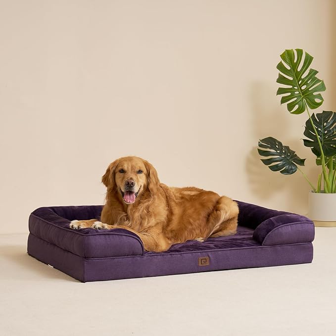EHEYCIGA Orthopedic Dog Beds for Large Dogs, Waterproof Memory Foam Large Dog Bed with Sides, Non-Slip Bottom and Egg-Crate Foam Large Dog Couch Bed with Washable Removable Cover, Purple
