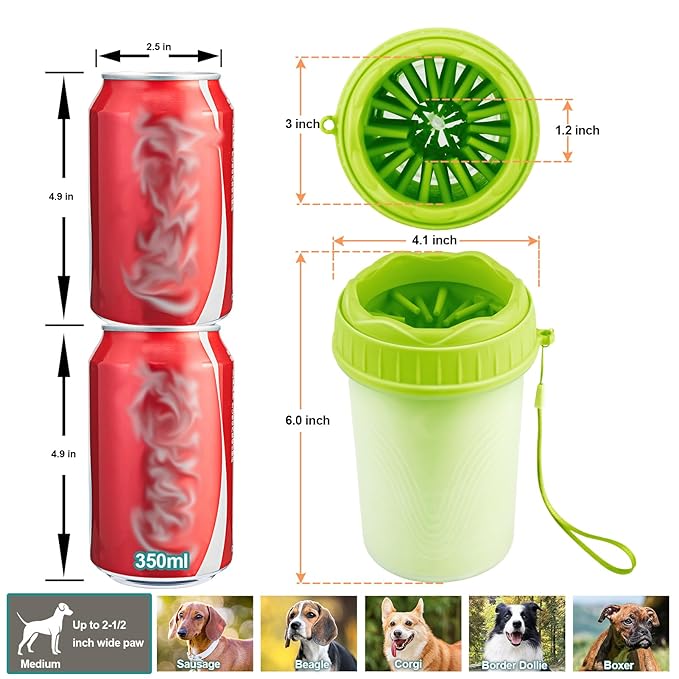 Dog Paw Cleaner, Dog Paw Washer, Buddy Muddy Paw Cleaner,Medium Portable Silicone Pet Cleaning Brush Cup, Pet Foot Washer for Small Medium Breed Dogs, Free Towel, Green