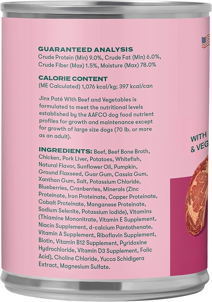 Jinx Premium Wet Dog Food Cans - Beef Pate - Grain-Free Canned Dog Food Pate & Topper with Real Ingredients & No Fillers - All Life Stages, Breeds & Sizes - 12-Pack, 13 Oz