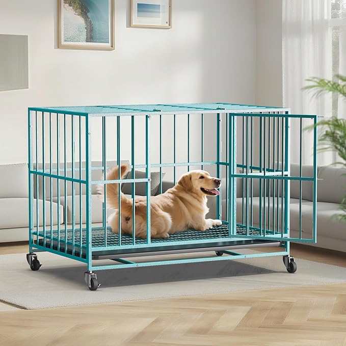 Blue 48 in Heavy Duty Dog Crate Steel Escape Proof, Indoor Double Door High Anxiety Cage, Removable Tray, Kennel with Wheels,XL XXL