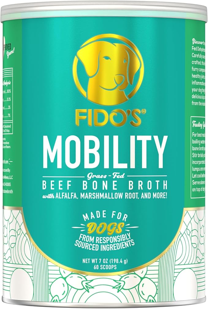 Fido's Mobility Bone Broth for Dogs - Grass-Fed Beef Bone Broth Powder & Organic Herbs - Joint Supplement for Dogs - Dog Food Topper for Dry Food - 60 Scoops