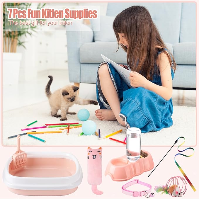 7 Pcs Small Cat Kitten Starter Kit Cat Litter Box with Shovel Paw Litter Mat Double Automatic Kitten Bowls Toy Teaser Stick Collar Essentials Kits for 1-3 Lbs Beginner(Stylish,Light Pink)