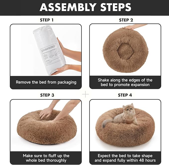 OhGeni Calming Donut Cat Bed For Indoor Cats, Machine Washable Plush Warming Bed For Kitten & Puppy, Anti-Slip Round Cuddle Comfort Pet Bed, Cozy Fluffy Fur Bed for Small Cats & Dogs, Ocher, 20 inches