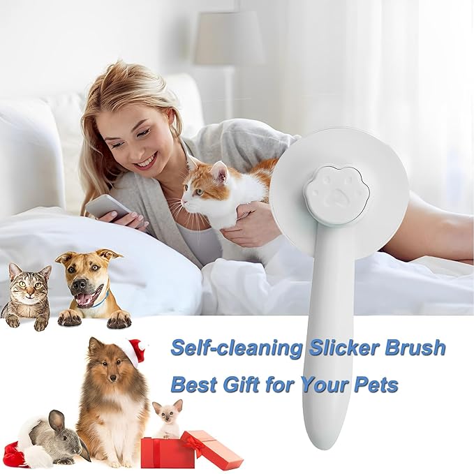 Cat Brush for Shedding,Pet Grooming Self Cleaning Slicker Brush,Removes Mats,Tangles and Loose Hair,Shedding Brush for Short or Long Haired Cats Dogs (White)