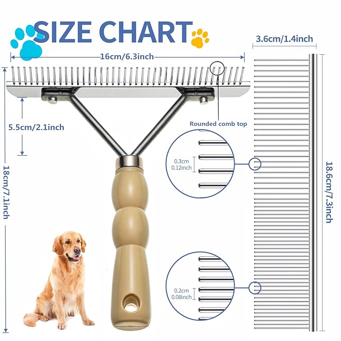 Dog Rake for Undercoat, Pet Grooming Set Long-Tooth Metal Brush & Stainless Steel Shedding Comb for Big Dogs Long-Haired Cats Horse