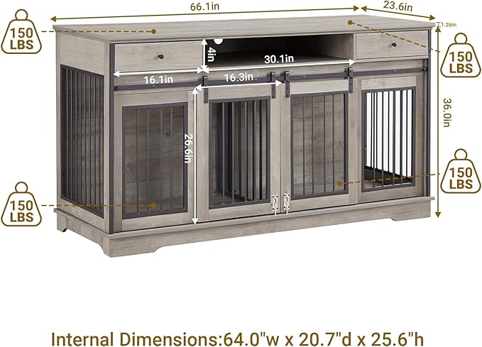 Rovibek 66" Double Dog Crate Furniture, Large Dog Kennel Furniture TV Stand for 2 Dogs, Furniture Style Dog Crates End Table, Wood Crates for Dogs Grey