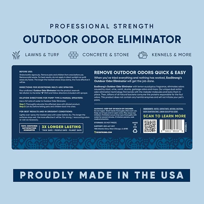Eco Strong Outdoor Odor Eliminator | Outside Dog Urine Enzyme Cleaner Powerful Pet, Cat, Animal Scent Deodorizer | Professional Strength for Yard, Turf, Kennels, Patios, Decks (Gallon with Sprayer)