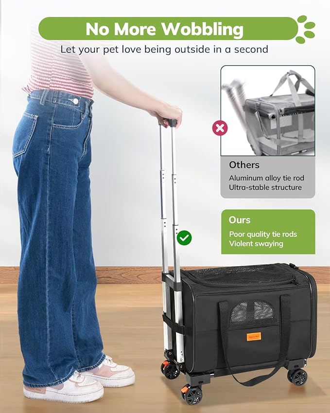 Morpilot Cat Carrier with Wheels Airline Approved, Pet Dog Carrier with Wheels for Small Dogs, Rolling Cat Carrier for Cats Puppy, Stroller Detachable and Foldable Pet Travel Bag (Large - Dark Gray)