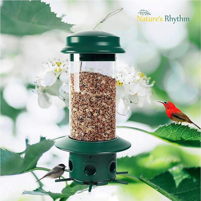 Nature's Rhythm Hanging Classic Tube Wild Bird Feeder Premium Hard Plastic Steel Hanger Weatherproof and Water Resistant