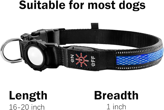 AirTag Pet Dog Tracker Collar & Equipped with Tracker; LED Light Up Collar;Built-in QR Dog Tag & AirTag Holder; No Monthly Fees; Adjustable Size (Blue Color).