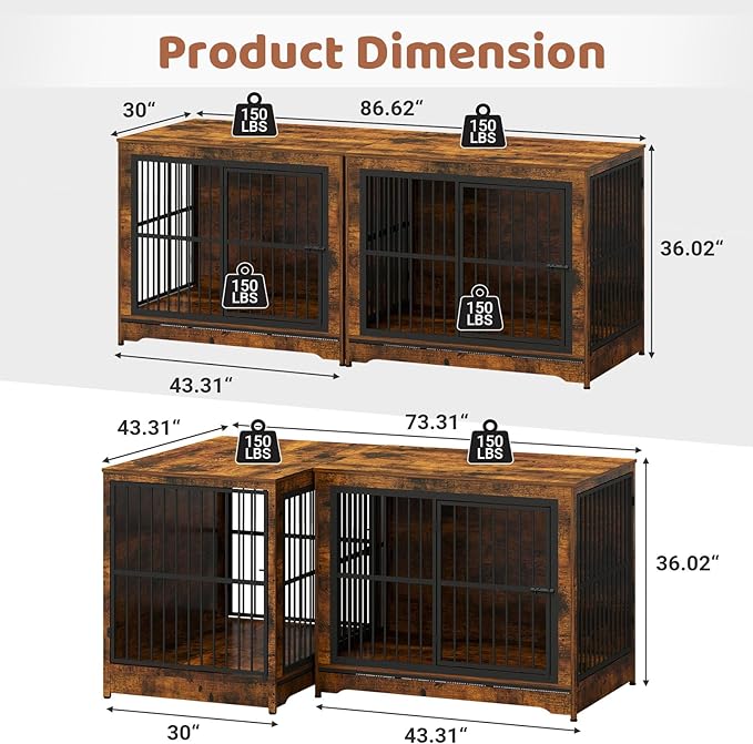 86 Inch Double Dog Crate Furniture with Divider, Large Dog Kennel Furniture for 2 Dogs with 4 Combination Forms, Brown Corner Dog Crate for Small Medium Large Dogs