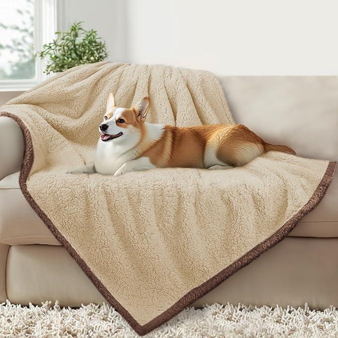 Luciphia Waterproof Pet Blanket for Medium Large Dogs Soft Cat Sherpa Calming Thick Cover Leakproof Cozy Puppy Sofa Bed Car Couch Protector(Beige/Brown,80x63 inches)