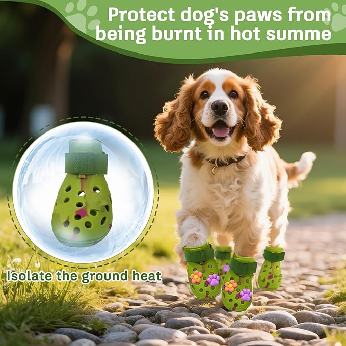 Dog Shoes for Hot Pavement, Adjustable Magic Tape Boots for Small, Medium & Large Dogs, Anti-Slip, Easy to Clean Paw Protectors for Beach, Outdoor & Hot Weather (Green L)