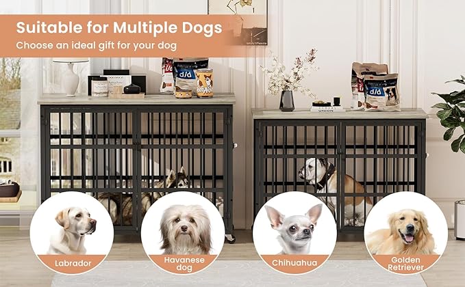 NicBex Dog Crate Furniture Dog Cage with Side Doors Opening, Dog Kennels for Inside Space, Wooden Dog Crate with Iron Doors and Lift Top for Medium and Small Dogs, Grey