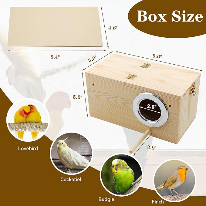 Acrylic Bird Nesting Box,Transparent Parakeet Nesting Box with Perch Natural Wood Cockatiel House for Cage Handcrafted Visible Budgie Breeding Home for Parrots Finches Conures Small Birds