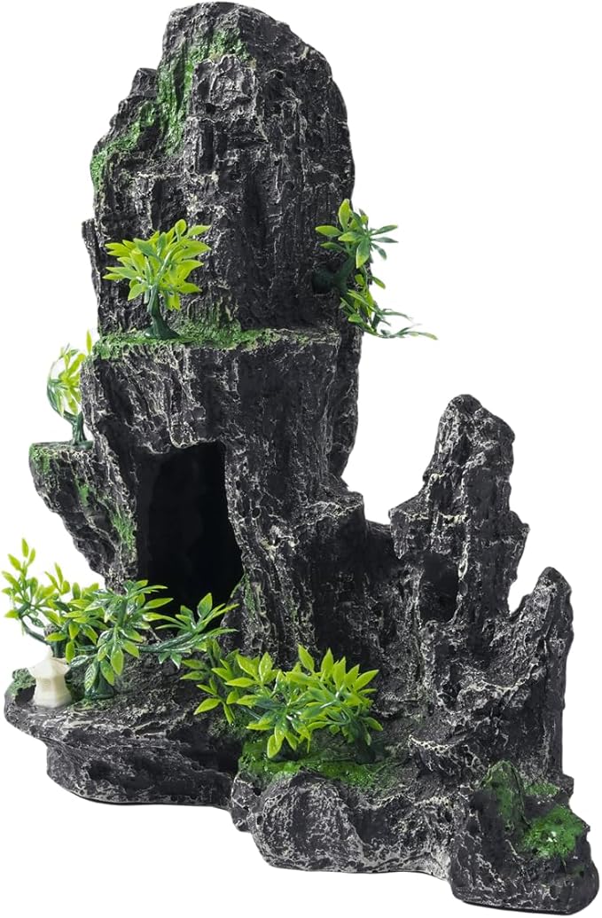 Large Fish Tank Decorations - Mountain View Aquarium Ornament with Tree House Cave Bridge,Resin, 10.24x9.45x5.12 inches, C