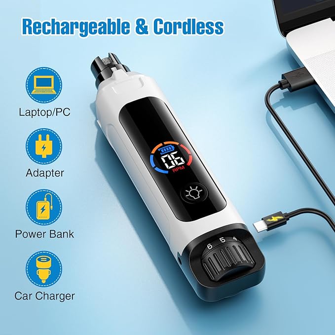 Dog Nail Grinder, 6-Speed Quiet Electric Dog Nail Trimmers, Dog Nail Clippers with File for Small Medium Large Dogs, Cats, Rechargeable Pet Paw Grooming Supplies Kit, 2 Grinding Wheels (White)