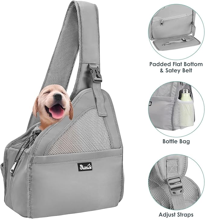 SlowTon Pet Dog Sling Carrier, Hands Free Hard Bottom Papoose Small Animal Puppy Up to 6 lbs Travel Bag Tote Breathable Mesh Support Adjustable Padded Strap Pocket Safety Belt Machine Washable