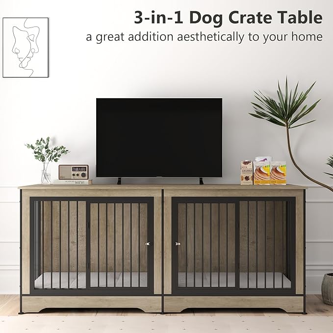 Rovibek 75 Inch Double Dog Crate Furniture with Double Doors, Removable Divider for Large Medium Dogs, Grey