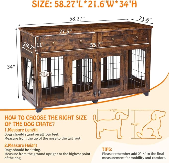 Dog Crate Furniture with 5 Doors, 58" Wooden Dog Kennel End Table with Large Capacity Drawers, Dog House with Openable Divider for Small/Medium/Large Dog,Dog Cage,Side End Table (Rustic Brown)
