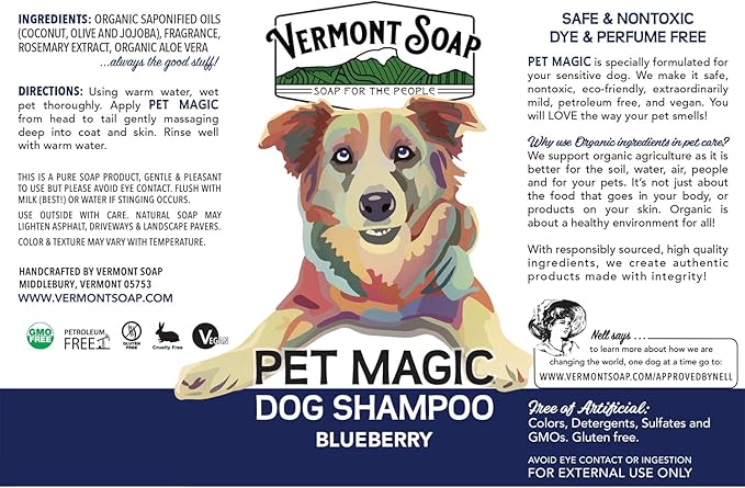 VERMONT SOAP Organics Pet Shampoo - Infused with Organic & Natural Olive Oil, Coconut & Aloe Vera Dog Shampoo for Sensitive Skin - USDA Certified Grooming, Blueberry - 5 Gallon