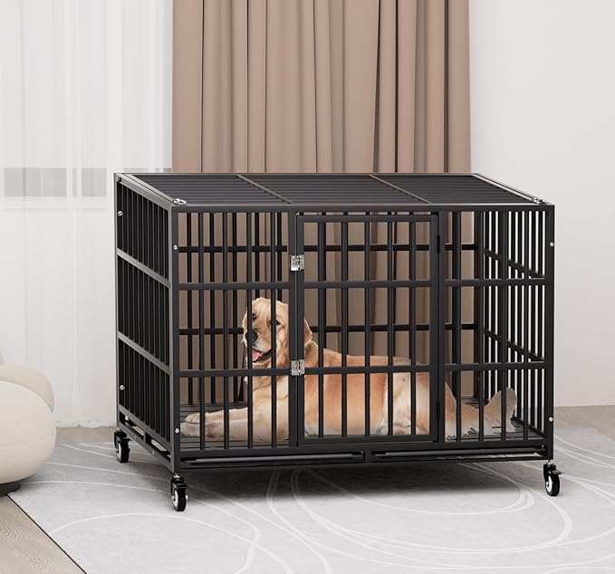 48 Inch Heavy Duty Dog Crate with Wheelsï¼_ndestructible Escape-Proof Dog Cage for Large Dogs, Extra Large XL XXL Indestructible Dog Crate with Removable Tray.