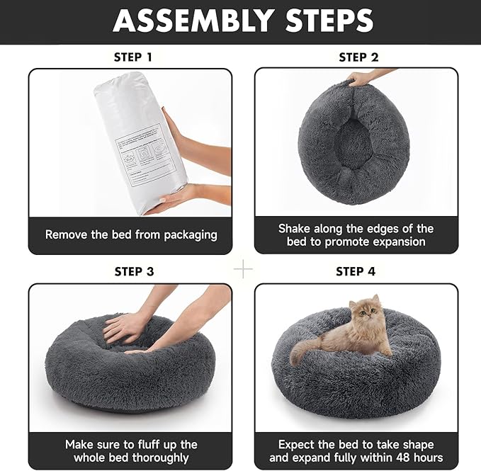 OhGeni Calming Donut Cat Beds For Indoor Cats, Machine Washable Plush Warming Bed For Kitten & Puppy, Anti-Slip Round Cuddle Comfort Pet Bed, Cozy Fluffy Fur Bed for Small Cats & Dogs, Gray, 20 inches