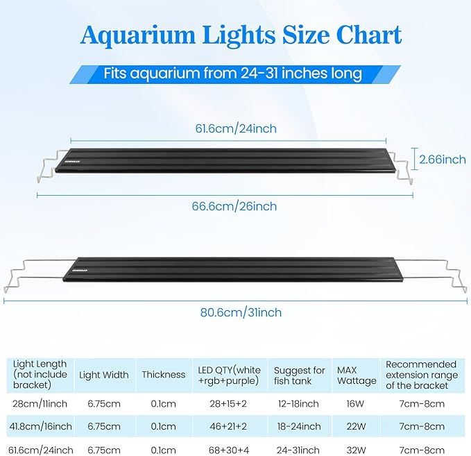 Full Spectrum Aquarium Light:Fish Tank Light with APP & Remote Control for Plants Growth - Fish Lamp for Live Fishes Aquatic Pet Lovers - 24-31 Inch Freshwater Saltwater Aquarium Decor