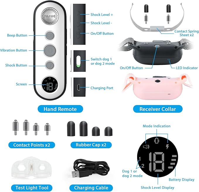 Dog Shock Collar for 2 Dogs (8-120lbs), IPX7 Waterproof Rechargeable Training Collars for Large Medium Small Dogs with 1000FT Remote Range, Beep Vibration Shock - Grey